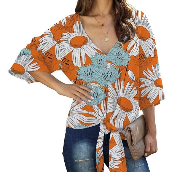 Angerella Tops - NWOT -ANGERELLA Orange Floral Tie Front Top